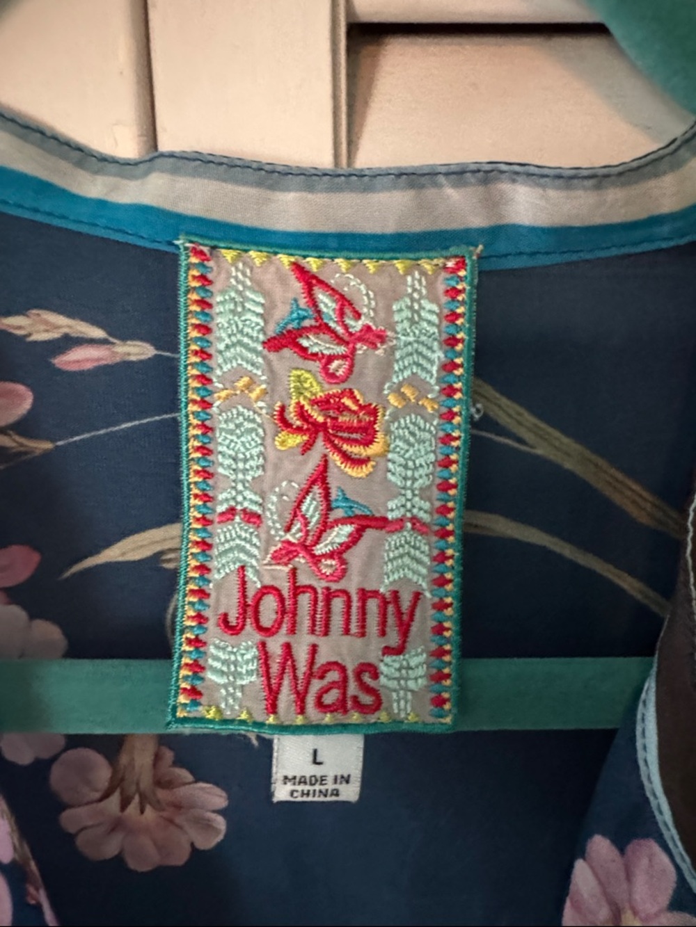 Johnny Was Navy Floral V-Neck Tunic with Pink & White Blooms - Picture 2 of 9